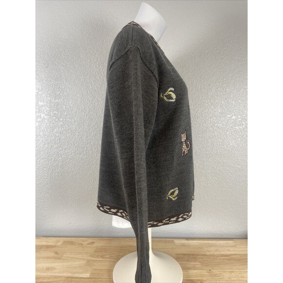 VTG Wool Blend Cardigan Sweater Gray Cat Cheetah Buttons Bling GrandmaCore Sz M - Picture 4 of 9